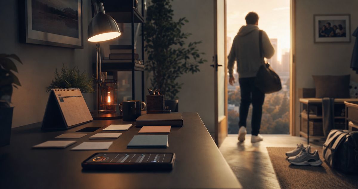 A person moving from an organized workspace into the day